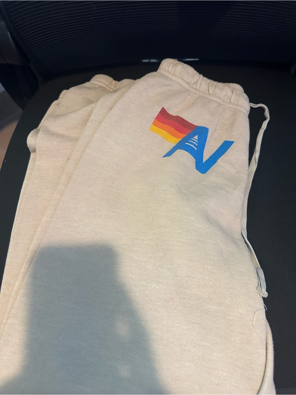 Aviator Nation Cream Track Pants with Rainbow & Blue AV Logo